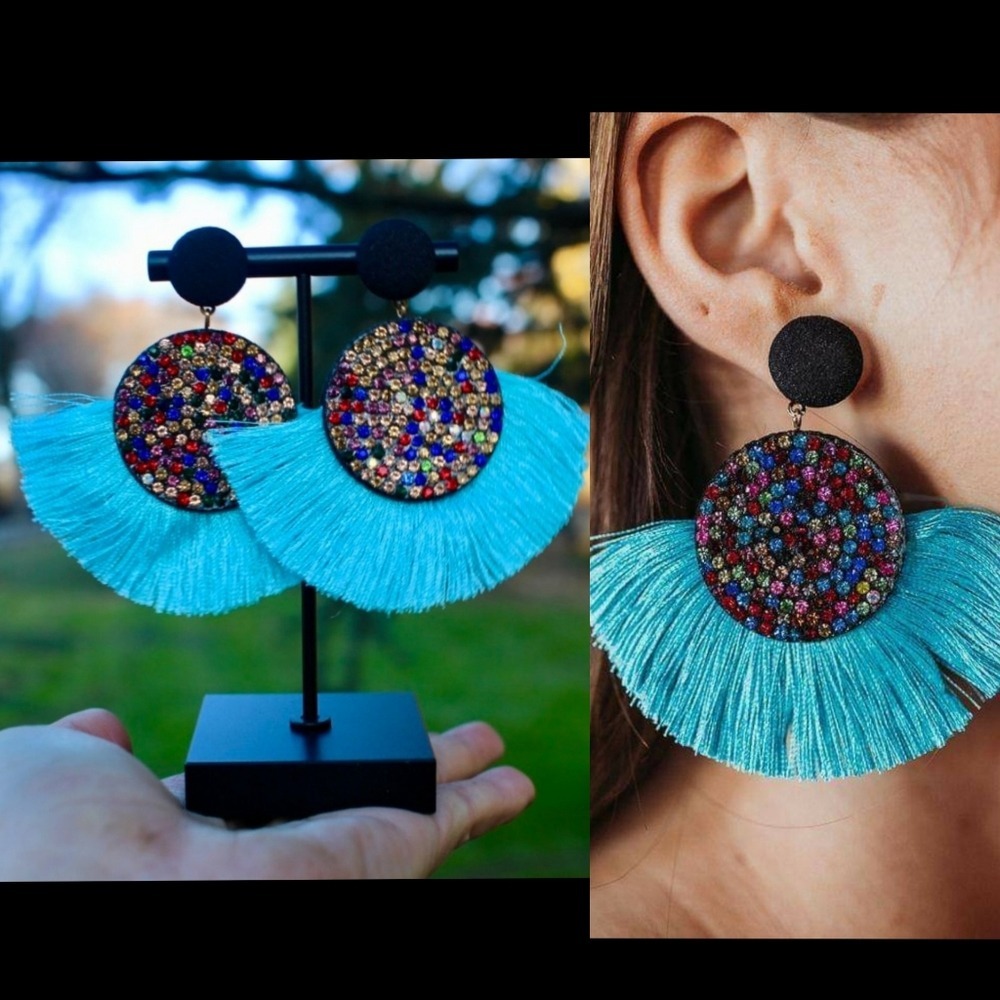 New Aqua Fringe Sparkle Statement Dangle Earrings